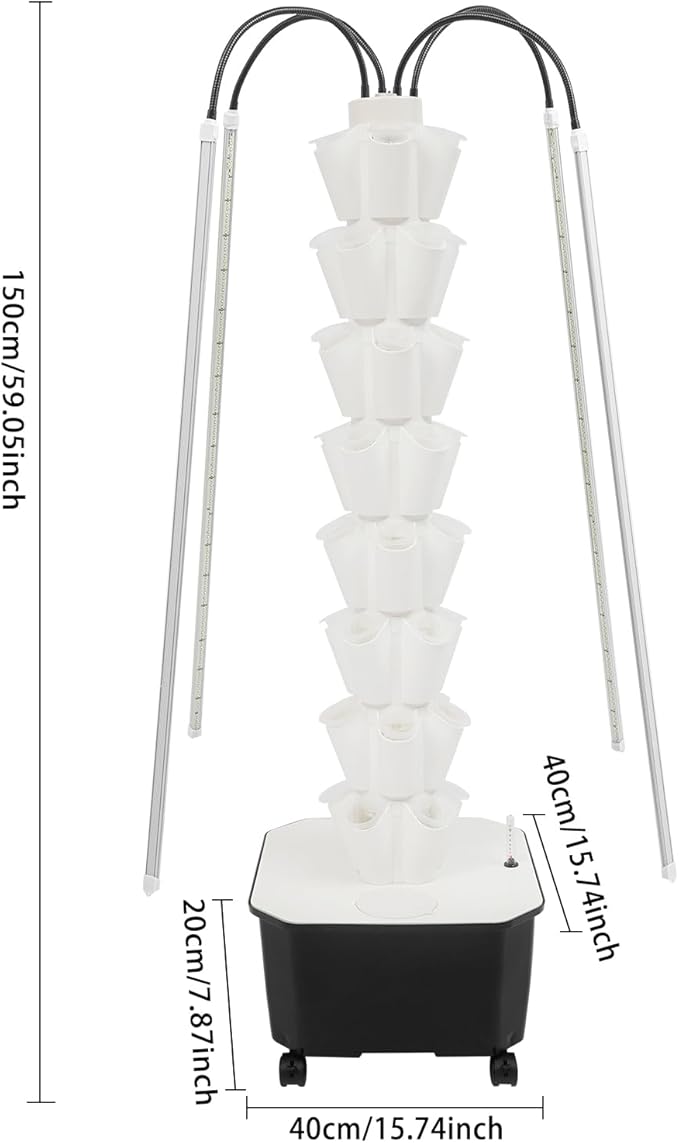 Hydroponics Growing Tower w/LED Light,8 Tiers 40-Hole Vertical Planter Tower,Smart Garden Growing System Kit for Fruits Vegetables Herbs (White)