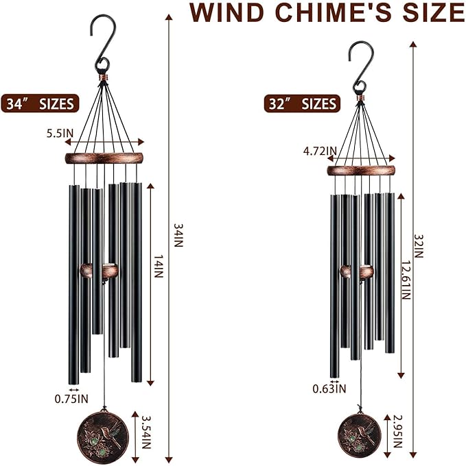 Wind Chimes for Outside, Vintage Hummingbird Deep Tone Wind Chime Outdoor Clearance, Patio Porch Balcony Decoration, Garden Hanging Decor Gifts for Women Mom Grandma (32" Hummingbird)