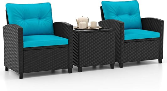 HAPPYGRILL 3 Pieces Wicker Patio Conversation Set, PE Rattan Bistro Sofa Set with Tempered Glass Coffee Table, Washable Cushions, Outdoor Furniture Set for Garden Poolside Balcony (Turquoise)