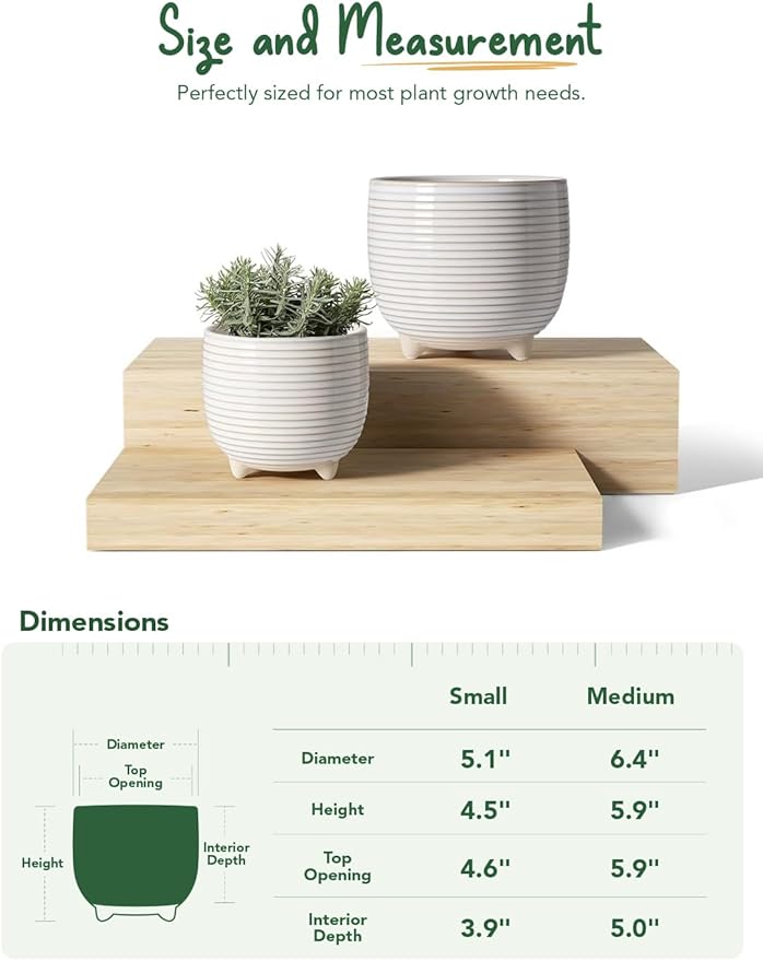 LE TAUCI Ceramic Plant Pots, 5.1 + 6.4 Inch Footed Pots for Plants, Modern Flower Pots for Home and Office, Indoor Planters with Drainage, Reactive Glaze White