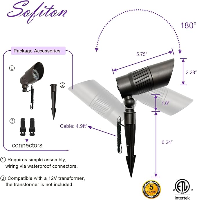 8-Pack Low Voltage Spot Lights, 2700K-5000K Adjustable, 7W, 580LM, IP65 Waterproof, CRI 90+, 12-24V AC/DC, Outdoor Landscape Light for Garden, Yard, Path, Bronze, ETL Listed