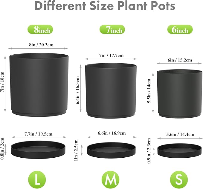 8/7/6 inch Plant Pots, 3 Set Cylinder Flower Pots for Outdoor Indoor Plants, Decorative Plastic Planters with Drainage Holes and Saucers for Garden House Plants, Black