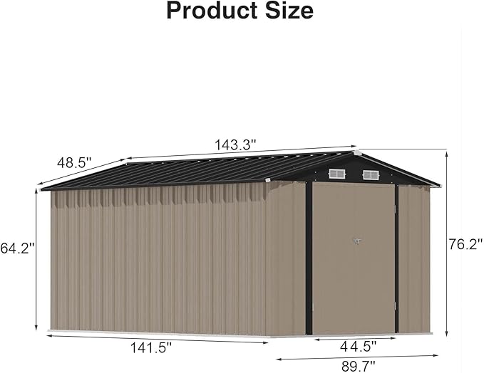 Patiowell 12 x 8 FT Outdoor Storage Shed, Steel Shed Storage House with Design of Lockable Doors, Utility and Tool Storage for Garden, Patio, Backyard, Outside use, Brown