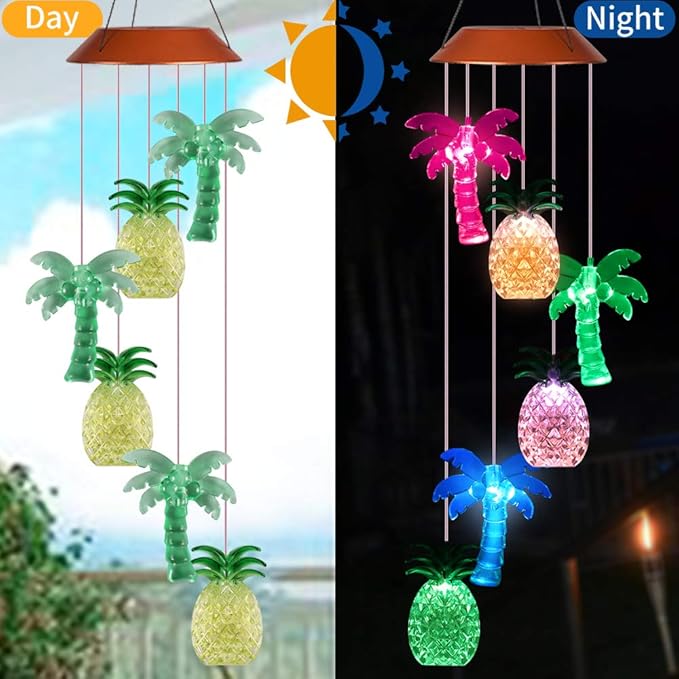 Solar Coconut Tree Pineapple LED Wind Chimes Outdoor - Waterproof Solar Powered Changing Light Color Trees Pineapples Mobile Romantic Wind-Bell for Home, Party, Festival Decor, Night Garden Decoration