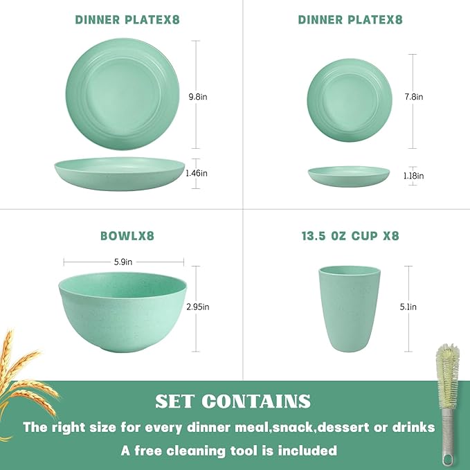 Kitchen Wheat Straw Dinnerware Sets (33pcs) Attached cleaning brush,Service For 8,Plastic Plates and Bowls Sets,Unbreakable Dinnerware,Lightweight Plastic Plate Set (Light green)