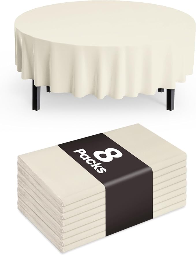 Pureegg Plastic Table Cloth Disposable 8 Pack, 84'' Round Table Cloths, Party, Wedding, Thanksgiving Decorations, Fall Tablecloths, Round, Beige Plastic Cover, Leakproof & Sturdy, Cream, Ivory