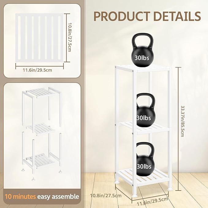 LASZOLA 3 Tier White Metal Plant Stand Indoor Outdoor for Large Planter, Modern Heavy Duty Tall Rack for Corner House Bathroom Patio Floor, Iron Flower Shelf Holder for Orchid Fern