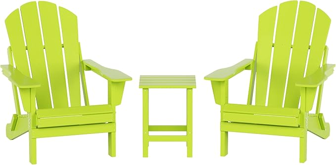 WO Home Furniture Adirondack Chairs Table Set of 3 PCS Outdoor Folding Chairs Side End Table Weather/UV Resistant for Lawn, Garden, Bon Fire, Balcony (Lime)