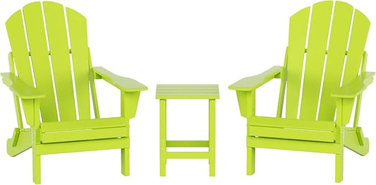 WO Home Furniture Adirondack Chairs Table Set of 3 PCS Outdoor Folding Chairs Side End Table Weather/UV Resistant for Lawn, Garden, Bon Fire, Balcony (Lime)