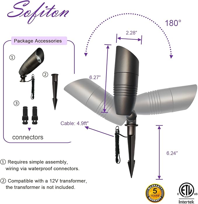 12-Pack Landscape Spot Lights Outdoor, 2700K-5000K Adjustable, 7W 580LM, IP65 Waterproof, CRI 90+, 12V Low Voltage Landscape Lighting for Garden, Yard, Bronze, ETL Listed