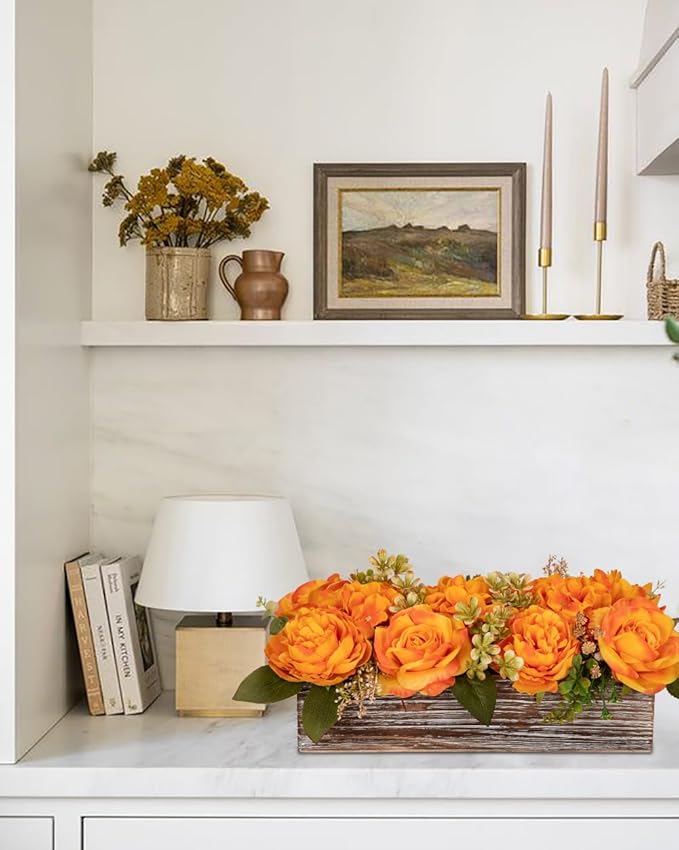 Flower Arrangement with Wooden Vase 14" Artificial Flowers in Pot - Fake Flowers Roses Peonies Hydrangeas in Wooden Vase Potted Artificial Flower Centerpieces for Table Decor Living Room - Orange