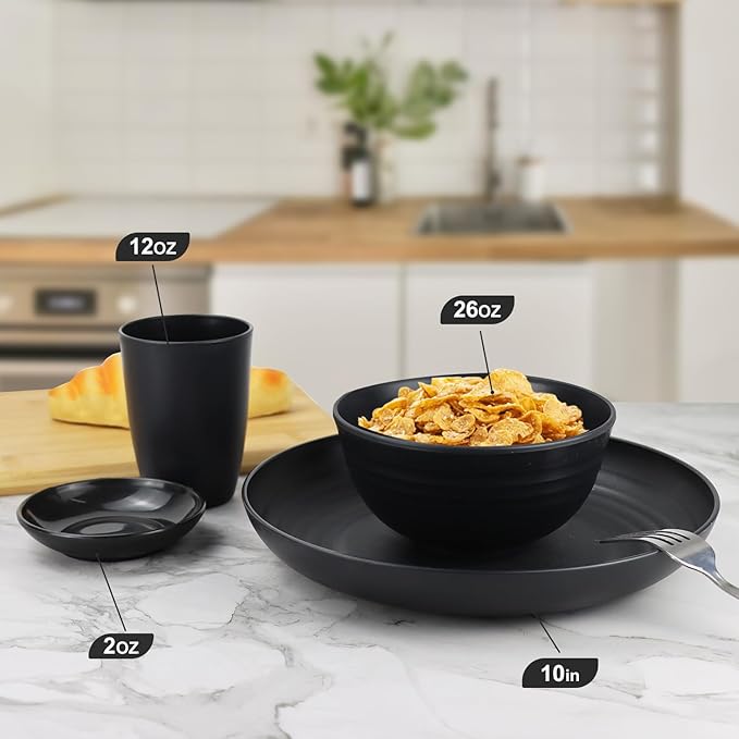 Wrova Wheat straw dinnerware sets of 16-10 inches plates,26oz bowls,2oz dipping bowls,12ozcups - Unbreakable plates and bowls sets microwave safe and dishwasher safe,service for 4. Black