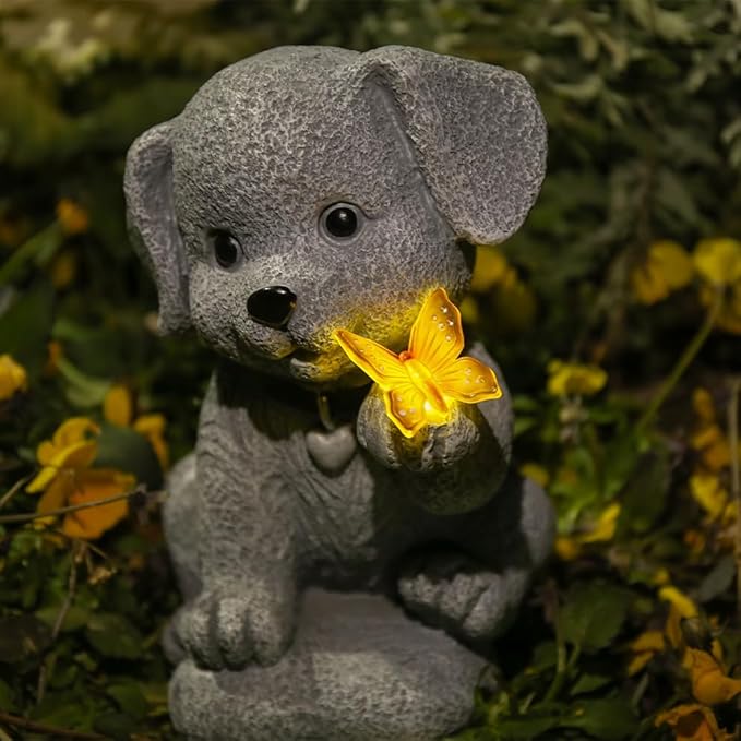 Solar Dog Statue with Butterfly Lantern - Outdoor Garden Decor with LED Lights for Patio, Yard, Balcony - Waterproof Cute Dog Sculpture, Ideal Housewarming Gardening Gifts for Women, Mom, Grandma