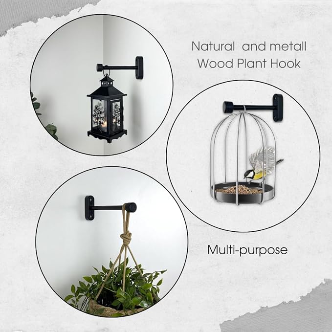 EvenWood 2-Piece Set of Wooden Plant Hooks for Wall with Sturdy Metal Tube - Plant Wall Hanger for Pots, Flower Brackets - Bracket Plant Hanger for Indoor and Outdoor Decorations (Black, 10 Inch)