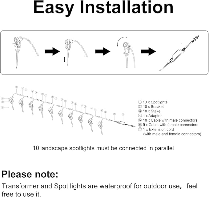 SUNTHIN Outdoor Landscape Lighting, 10 Pack Outdoor Spot Lights with Transformer for Yard, Plant, Lawn, Tree, Flags, House, Garden, Fence Use, IP65 Waterproof & Connectable
