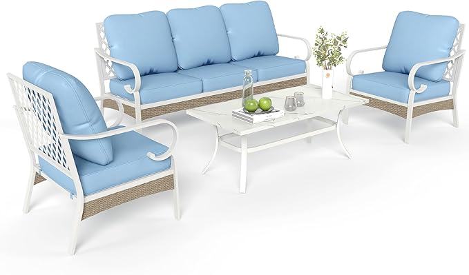 4 Piece Patio Furniture Set, 2 x Fixed Chair, 1 x 3-Seat Sofa with Marbling Coffee Table, All Cushioned 5 Seats Outdoor Conversation Set for Lawn Garden Backyard, Blue