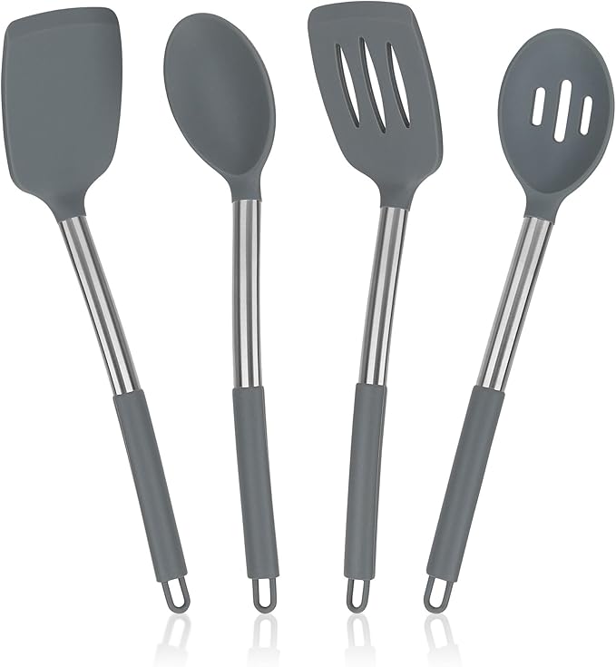 4 Pack Silicone Utensils Set, Non Stick Solid Spatulas, Heat Resistant Blue Slotted Spoons with Stainless Steel Handle, BPA Free Cooking Turner for Stir-Fry, Frying, Mixing, Serving,Draining,Turning