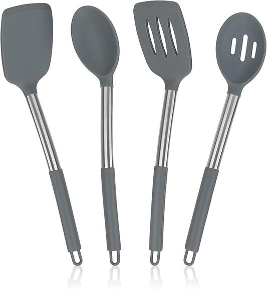 4 Pack Silicone Utensils Set, Non Stick Solid Spatulas, Heat Resistant Blue Slotted Spoons with Stainless Steel Handle, BPA Free Cooking Turner for Stir-Fry, Frying, Mixing, Serving,Draining,Turning