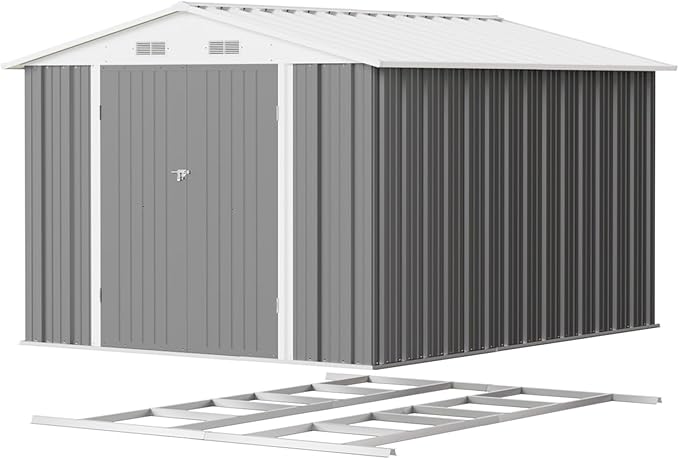 Patiowell 8x10 FT Outdoor Storage Shed with Floor Frame, Large Garden Tool Metal Shed with Sloping Roof and Double Lockable Door, Outdoor Shed for Backyard Garden Patio Lawn,Grey
