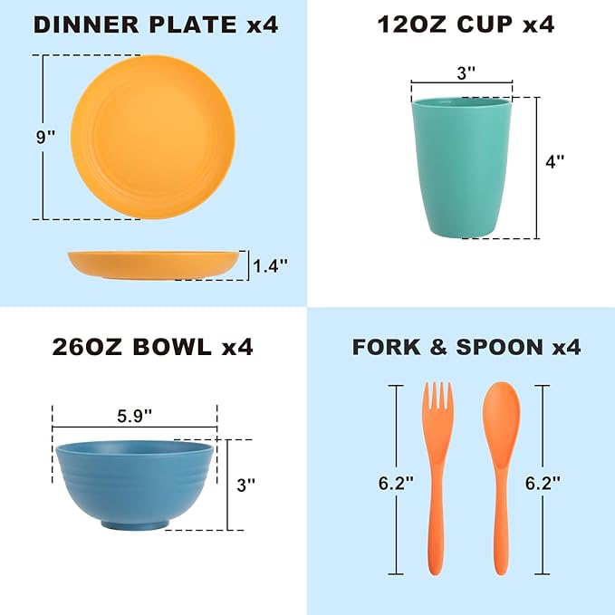 Wheat Straw Dinnerware Sets, 20 PCS Service for 4, Dishwasher & Microwave Safe Plates and Bowls Sets, Unbreakable Lightweight Outdoor Camping Dishes - Multicolor