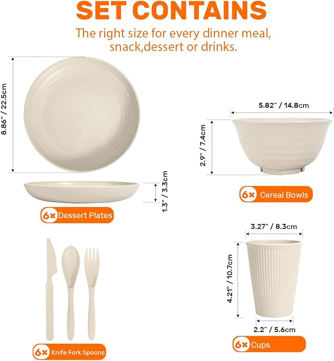 Wheat Straw Dinnerware Sets - SGAOFIEE 36 Piece Unbreakable Dinnerware Sets, Reusable Wheat Straw Plates and Bowls Sets, Travel Camping Cutlery Set, Dishwasher Microwave Safe Dinnerware-Beige White