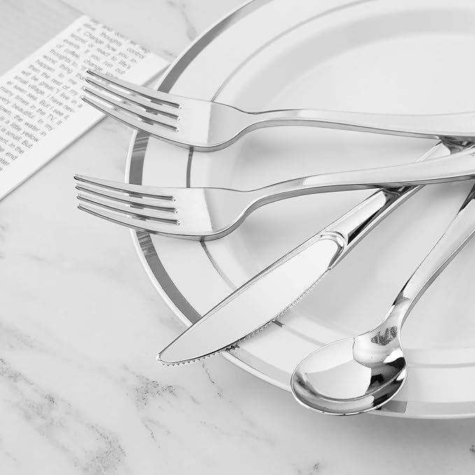 BESTVIP 60PCS Silver Plastic Silverware, Silver Disposable Utensils, Heavy Duty Cutlery Set of 30 Forks, 15 Spoons, 15 Knives for Christmas, Parties, Weddings, Catering and Daily Use