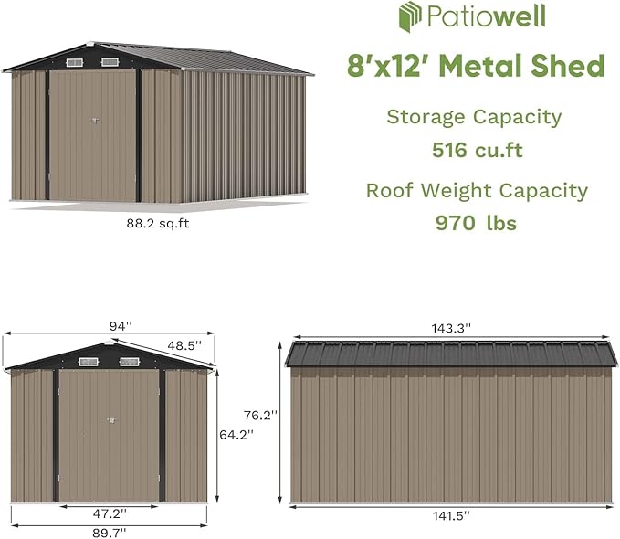 Patiowell 8 x 12 FT Metal Storage Shed for Outdoor, Steel Yard Shed with Design of Lockable Doors, Utility and Tool Storage for Garden, Backyard, Patio, Outside Use, Brown