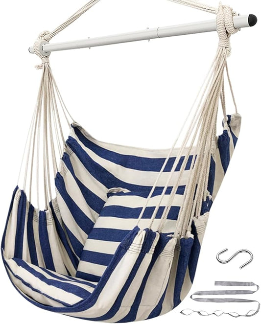 ADVOKAIR Hammock Chair Hanging Chair Swing Large Indoor with Anti-Slip Steel Spread Bar and Pocket-Max 500lbs-2 Cushions, Perfect for Bedroom,Outdoor,Patio, Porch,Backyard…
