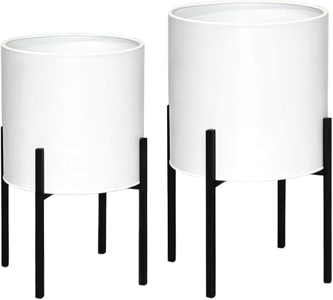 ARNIS Modern Plant Pots, Large Planters with Stand, Set of 2 Decorative Planters, Metal Pots with Drainage Holes for Living Room, Office, Garden or Balcony, 10.5 &12.25 Inch, White