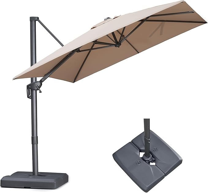PURPLE LEAF 10 FT Outdoor Umbrella with Base Patio Cantilever Aluminum Umbrella with 3 Years Fade Resistance Recycled Fabric Offset Square with 360-degree Rotation for Deck Pool Garden, Sand Dune