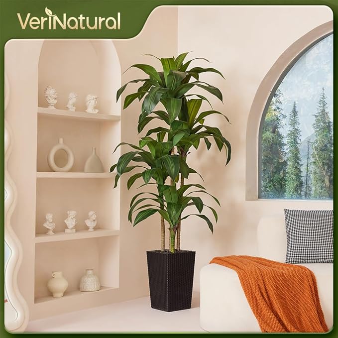 6FT Artificial Dracaena Tree - UV Resistant Faux Tropical Plant, Potted Fake Tree with Taper Planter & Pebbles - Indoor Outdoor Greenery for Home, Porch, Living Room, Bedroom Decor, VN127