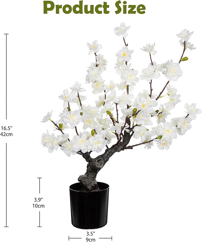 DILATATA Faux Cherry Blossom Bonsai Tree 16" Small Artificial Bonsai Tree for Home Decor White Apple Blossom Tree for Indoor Bookshelf Office Desk Bathroom Decor