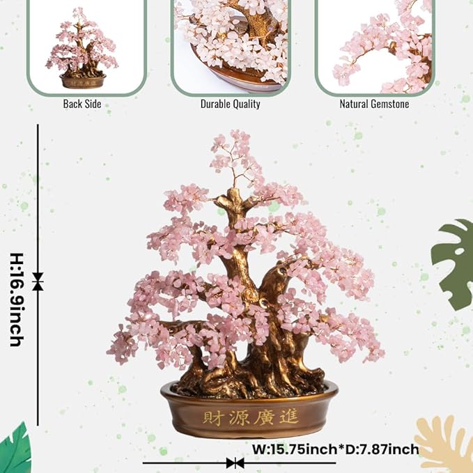Natural Rose Quartz Tree Large,18" Chakra Crystal Tree(1,300 Gemstone Count) Healing Properties - Bonsai Feng Shui Money Tree for Love Self Care Home Office Decoration