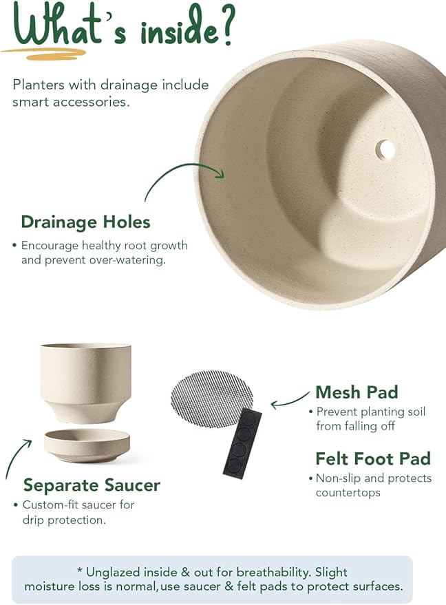 LE TAUCI 12 Inch Pots for Plants with Saucer | Ceramic Outdoor & Indoor Planter Pot for Plants | Drainage Hole, Mesh Pad & Plug | Unglazed Porous | Modern for Home, Office and Patio – Speckled Oat