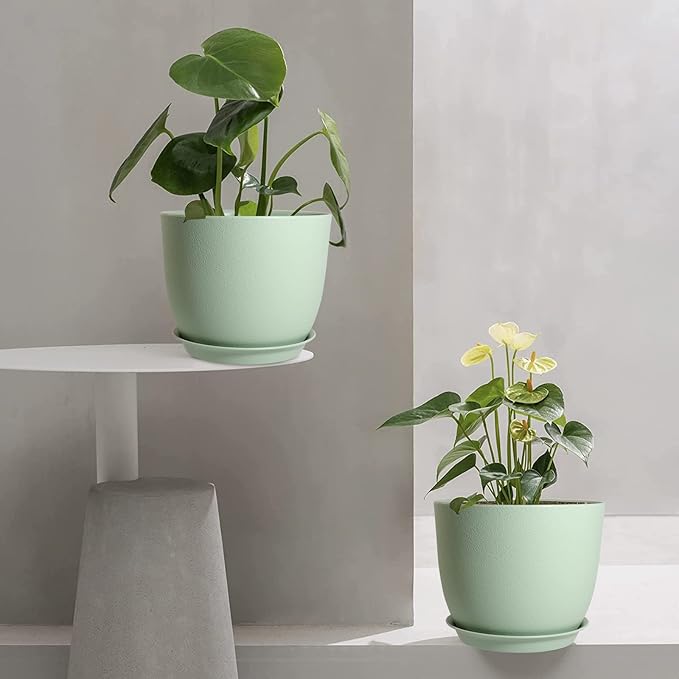 Modern Plant Pots Set, 9/8/7.5 inch Plastic Planters for Indoor Plants, Stylish Flower Pots with Drainage Holes and Saucers for House Plants and Flowers, Green