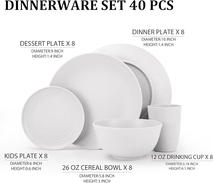 40 PCS Wheat Straw Dinnerware Sets, Service for 8 - Dinner Plates, Cereal Bowls, Drinking Glasses, Unbreakable Plastic Plates and Bowls Sets, Dishwasher and Microwave Safe for Kitchen - White