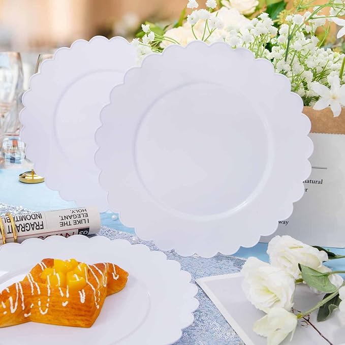 SUT 72-Pack 10.25 Inch White Heavy Duty Plastic Dinner Plates, Disposable Plates, Scallop Plates for Parties, Events, and Occasions