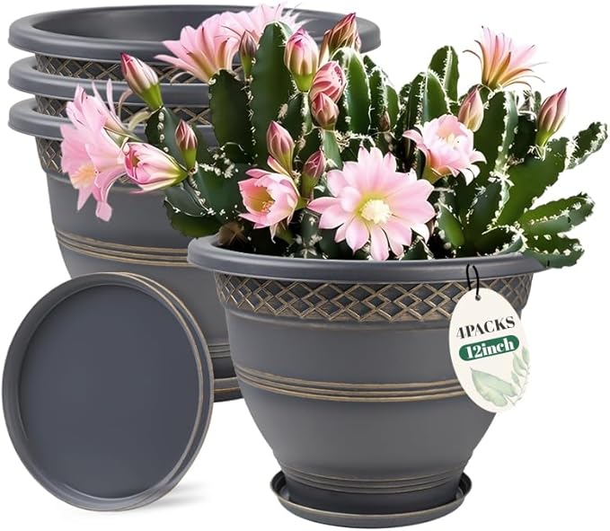 4 Pack 12 Inch Large Plant Pots, Plastic Flower Pot for Indoor & Outdoor with Drainage Holes & Saucer, Plaid Pattern Planters Garden Pots for Herbs