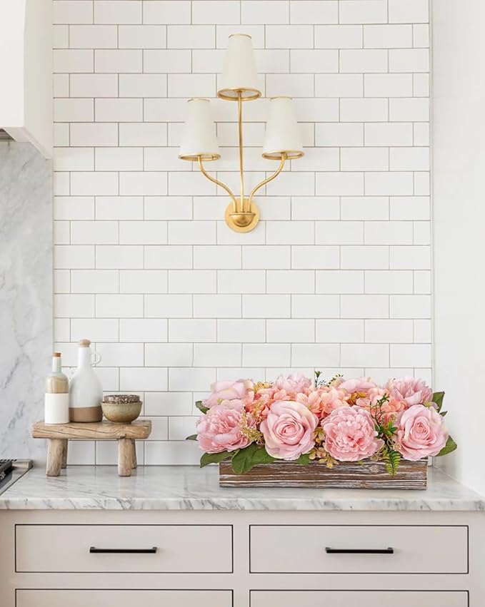 Flower Arrangement with Wooden Vase 14" Artificial Flowers in Pot - Fake Flowers Roses Peonies Hydrangeas in Wooden Vase Potted Artificial Flower Centerpieces for Table Decor Living Room - Dusty Pink