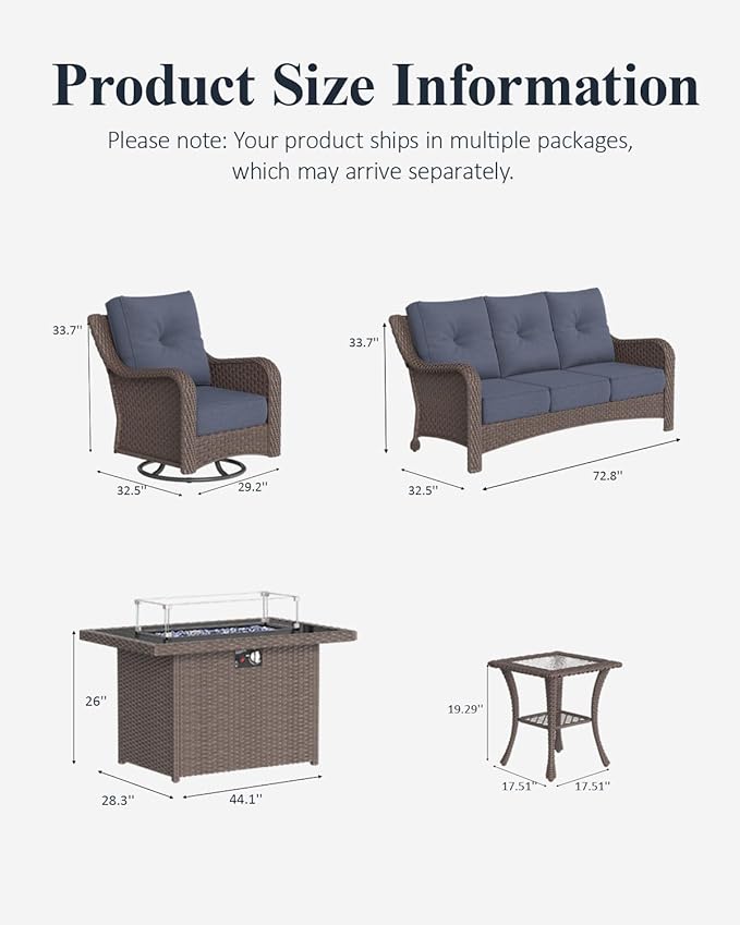 LayinSun 5 Piece Wicker Outdoor Furniture Set with 6-inch Comfy Cushions, High Back Patio Furniture Set with Swivel Rocking Chairs and Fire Pit Table
