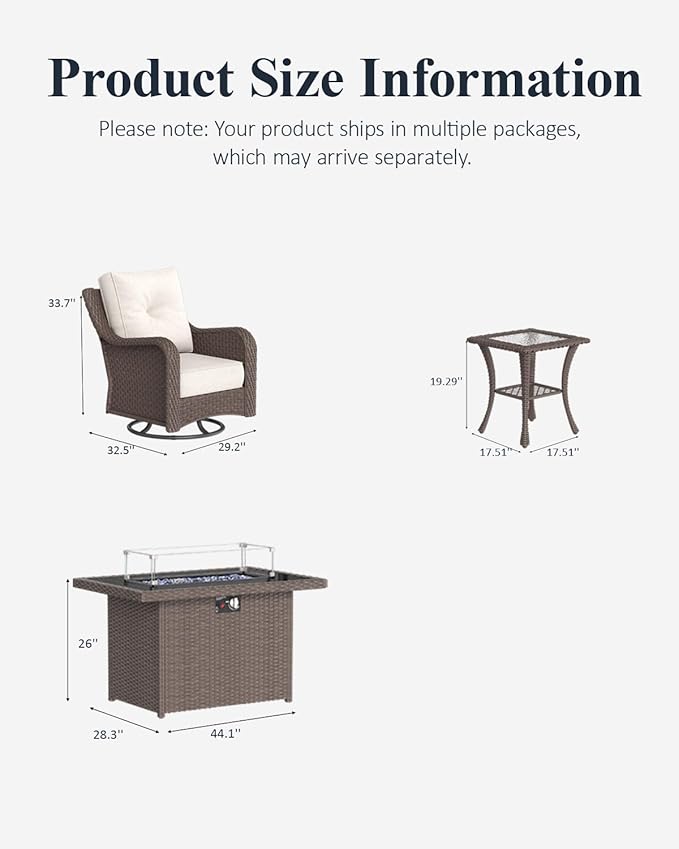 LayinSun 7 Piece Wicker Outdoor Furniture Set with 6-inch Comfy Cushions, High Back Patio Furniture Set with Swivel Rocking Chairs and Fire Pit Table