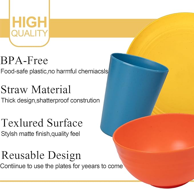 LIYH 48 Pcs Wheat Straw Dinnerware Plates and Bowls Set Dishwasher Safe Unbreakable Light Weight Plates Service for 12 Reusable Multicolor Dinnerware Set Dish Sets 24 Plate 12 Bowl 12 Cup