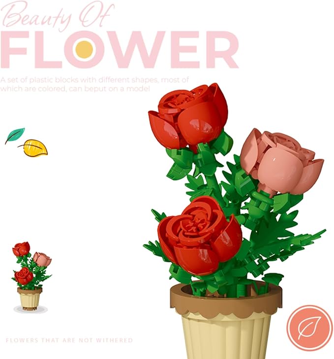 Rose Flower Potted Bonsai Building Toys Blocks Particle Flower Botanical Mini