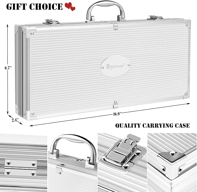 ROMANTICIST 30pcs BBQ Grill Tool Set for Men Dad, Heavy Duty Stainless Steel Grill Utensils Set, Non-Slip Grilling Accessories Kit with Thermometer, Mats in Aluminum Case for Fathers Day Brown