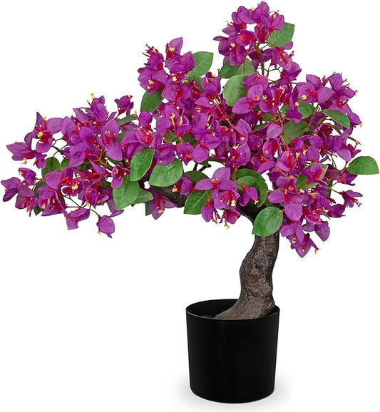 Briful Artificial Bougainvillea Flower Plant 20.8" Bougainvillea Bonsai Tree with Black Pot Silk Bougainvillea Floral Centerpiece for Home Office Room Table Shelf Mantle Decor(Purple)