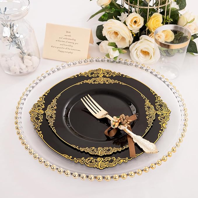 Hioasis 350pcs Black and Gold Plastic Plates - Diposable Dinnerware Set Suitable for 50 Guests Include 10.25" Dinner & 7.5" Dessert Plates, Pre Rolled Silverware Set, Cups for Party & Halloween