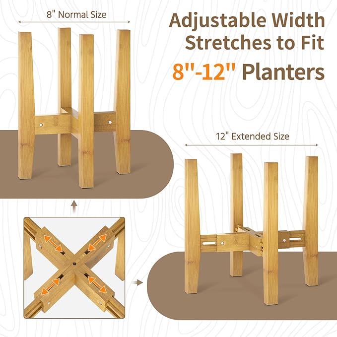LASZOLA Bamboo Adjustable Plant Stand for Single Large Indoor Planters, Heavy Duty Floor Fern Holder Fits 8 to 12 Inch Pots, Mid Century Elevated Big Stool for Flower– Pot Not Included, Walnut, 2 Pack
