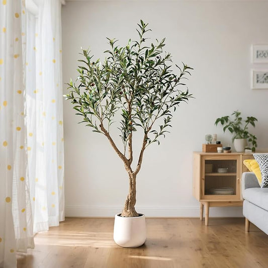 6FT Faux Olive Tree with Tall Exquisite Planter Artificial Olive Tree Tall, Potted Fake Olive Plant with 1260 Real Touch Leaves, Indoor Outdoor Home Garden Office Decor