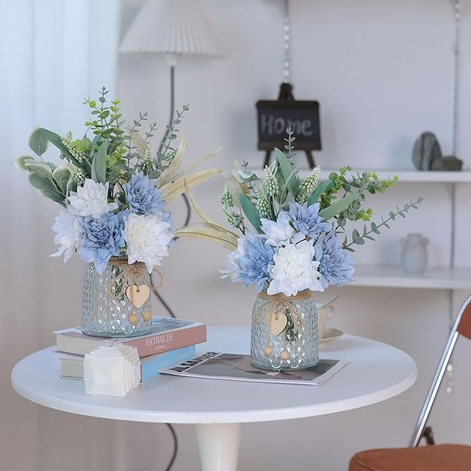 Faux Flowers with Vase,Artificial Silk Flowers in Vase, Fake Plant Eucalyptus and Willow,Flower Arrangement for Home Farmhouse Dining Table Centerpiece Decorations Coffee Table Decor (Dusty Blue)