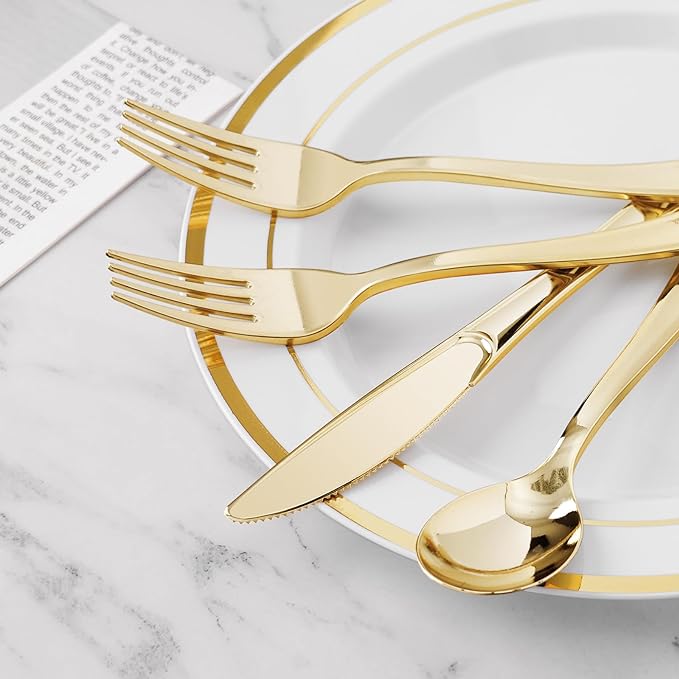 BESTVIP 400PCS Gold Plastic Silverware, Gold Disposable Utensils, Heavy Duty Cutlery Set of 200 Forks, 100 Spoons, 100 Knives for Christmas, Parties, Weddings, Catering and Daily Use